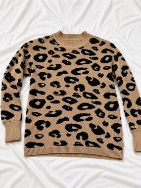 Andree Leopard Jacquard Crewneck Sweater in Tan and Black